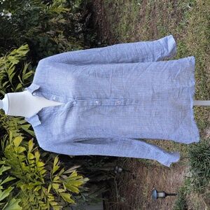 Lucky Brand Blue and White Striped Button Down Tunic Top Linen Cotton Blend S